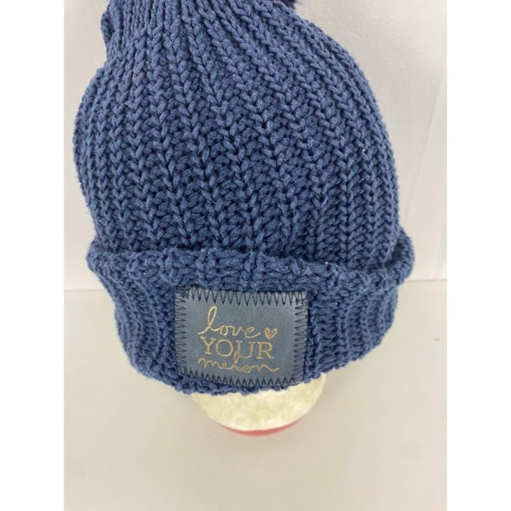 Love Your Melon Navy Blue Knit Beanie Faux Fur Pom Pom Cuffed Winter Hat USA - Picture 4 of 5